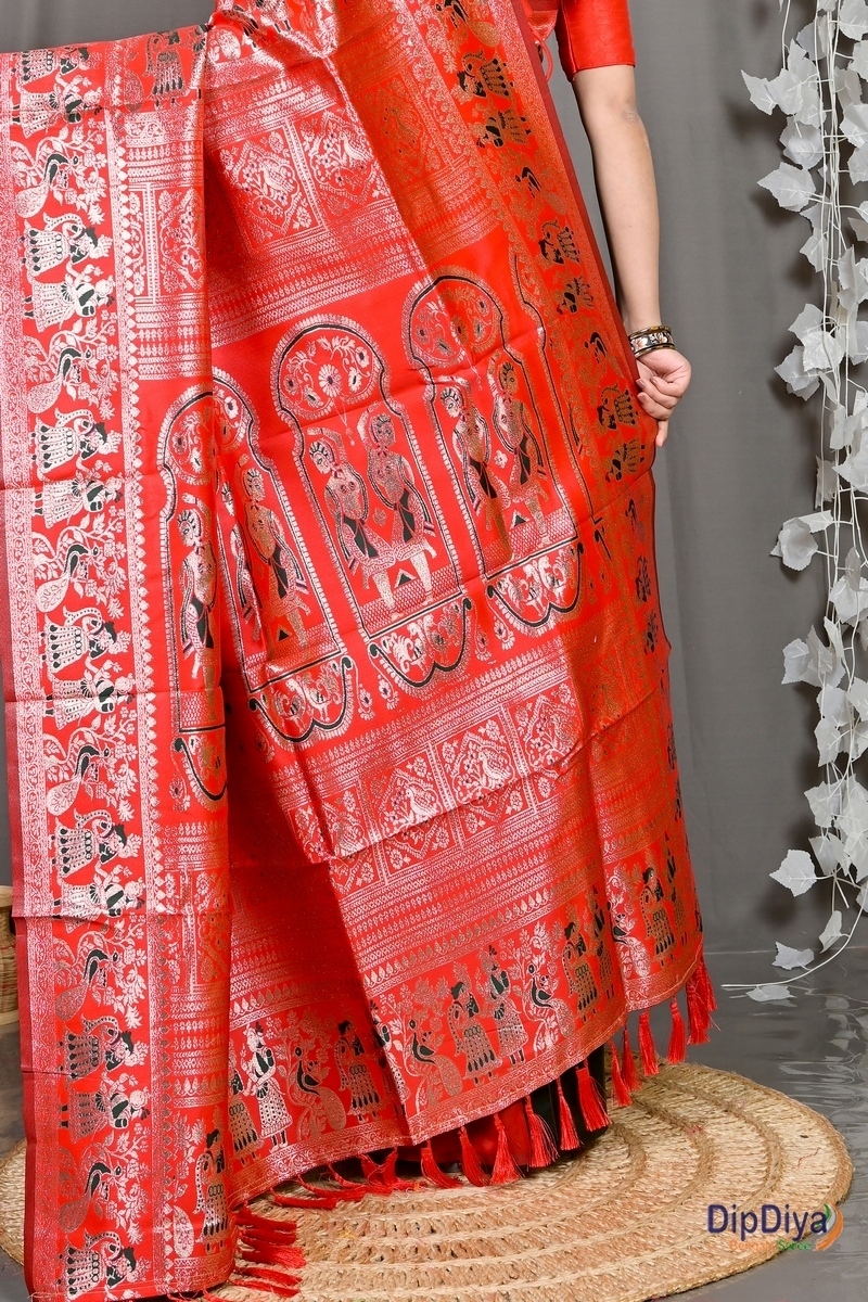 Green Red Cotton Silk Parza Baluchari Saree (581)